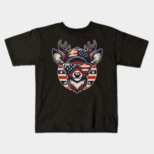 Deer Wearing Sunglass American Flag USA Kids T-Shirt